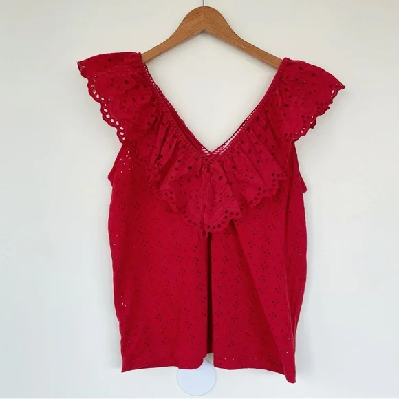 LOFT Eyelet V-Neck Tank Top with Ruffle V-Neck Vivid Red M Medium - Picture 2 of 7